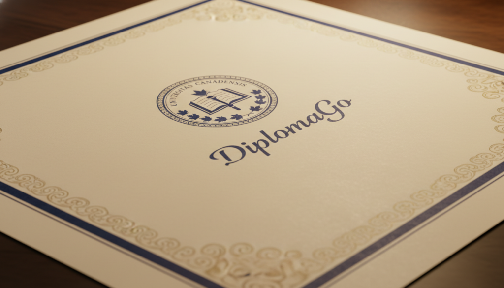 A Canadian graduation certificate design inspired by traditional academic styles, featuring a clean, formal layout. The foreground showcases ornate borders with subtle patterns in gold and dark blue, highlighting the authenticity and prestige of the document. In the middle, a prominent emblem representing Canadian universities, complemented by fine typography for "DiplomaGo". The background is a soft, textured cream color, enhancing the document's elegance. The lighting is warm and even, creating a sophisticated atmosphere. Capture a professional perspective, slightly angled to suggest depth. The overall mood conveys achievement and formality, suitable for a graduation milestone. No text or watermarks included.