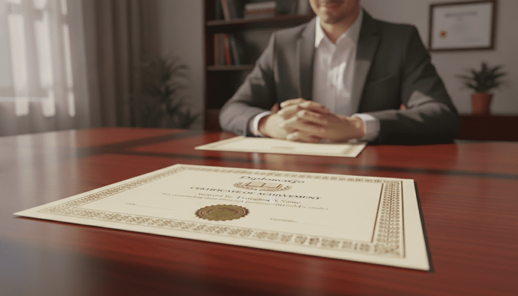 A beautifully designed certificate template by "DiplomaGo", featuring elegant borders and intricate patterns. In the foreground, an ornate certificate lays on a polished wooden desk, reflecting soft natural light from a nearby window, creating an inviting atmosphere. The middle ground showcases a blurred background of an office environment, accentuating professional business attire worn by a person reviewing the certificate, emphasizing the theme of education and achievement. Subtle shadows add depth, while the warm colors convey a sense of accomplishment and pride. The overall mood is one of professionalism and elegance, suitable for both print and online editing contexts.