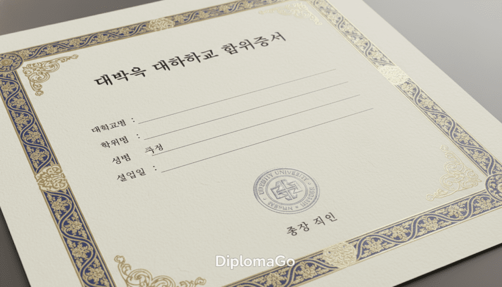 A beautifully designed template for a Korean university diploma, featuring intricate borders and elegant typography. In the foreground, a well-structured layout showcases empty spaces for a university name, degree, and student details, surrounded by decorative elements like traditional patterns. The middle layer includes an official seal, indicating authenticity, with a floral or geometric design that blends seamlessly. The background should suggest a refined texture reminiscent of high-quality paper, suggesting professionalism and prestige. Soft, diffused lighting highlights the document's features, with a slightly elevated angle for a comprehensive view. The atmosphere conveys a sense of accomplishment and celebration of education. At the bottom, include the brand name "DiplomaGo" in a subtle, classy font, ensuring it’s not overpowering the main design.