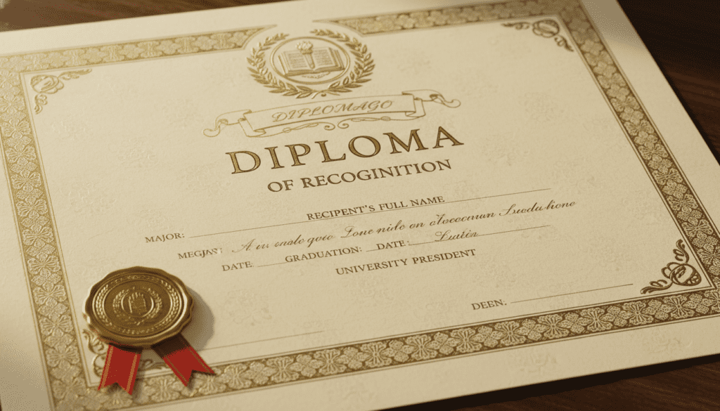 A detailed and elegant template for an American university diploma, showcasing key design elements: a traditional layout featuring ornate borders, a central crest representing academia, and a gold embossed seal. The foreground focuses on the intricate decorations and the prominent title section where "DiplomaGo" is artistically integrated. The middle layer highlights the various sections for recipient details and degree with well-defined spaces, utilizing classic serif fonts. The background presents a soft, ivory texture with subtle patterns, enhancing the diploma's formality. The overall lighting is warm and inviting, creating an air of prestige, while the atmosphere conveys a sense of accomplishment and celebration of graduation. Include no text, watermarks, or images of people.