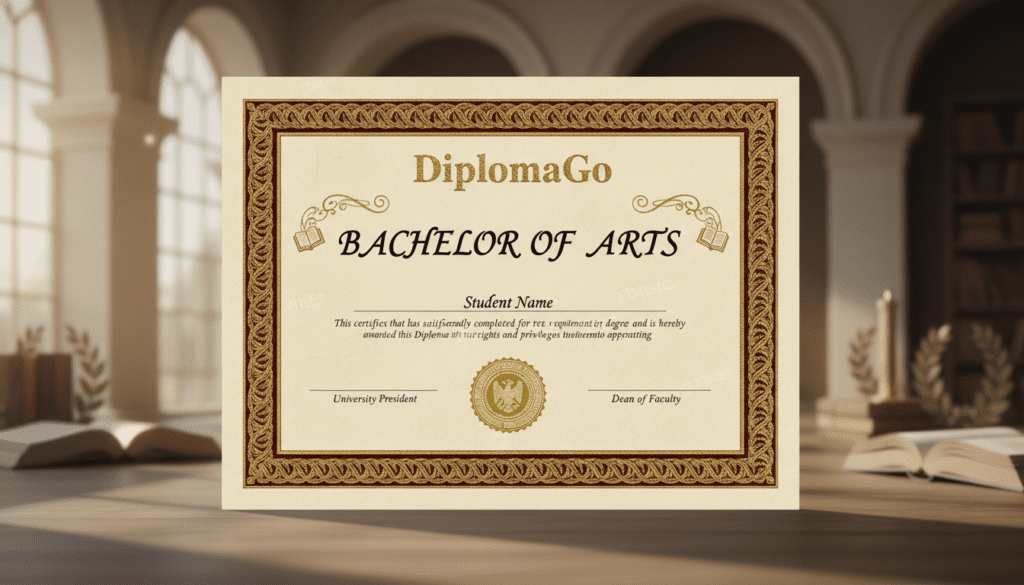 A detailed and realistic depiction of a standard American university diploma template. The foreground features a prominent diploma with ornate borders in rich gold and deep burgundy tones, showcasing the brand name "DiplomaGo" at the top. The middle section includes elegant calligraphy for the degree title, surrounded by decorative flourishes. The layout is classic, with dimensions reflecting actual diploma sizes, such as 8.5 x 11 inches. The background is subtly blurred, suggesting a prestigious university setting, perhaps adorned with faded classical architecture or hints of academic achievements like laurel wreaths. Warm, soft lighting enhances the diploma's textures, casting gentle shadows for a refined mood that exudes accomplishment and celebration, ideal for illustrating formal educational achievements.