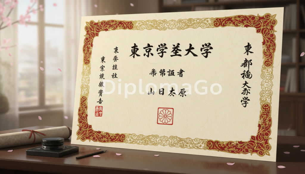 A detailed illustration of a Japanese diploma certificate featuring the unique layout characteristics of Japanese design. The foreground showcases a beautifully ornate, traditional certificate with elegant calligraphy and intricate borders in gold and deep red tones. The middle section reveals distinctive typographical elements, emphasizing the hierarchical arrangement of information, with a focus on the university name prominently displayed. In the background, a soft-focus, serene academic environment with subtle decorative elements like cherry blossoms adds an authentic touch. Warm, natural lighting highlights the paper texture and embellishments, conveying a sense of achievement and honor. The brand name "DiplomaGo" is subtly incorporated into the design without any text.