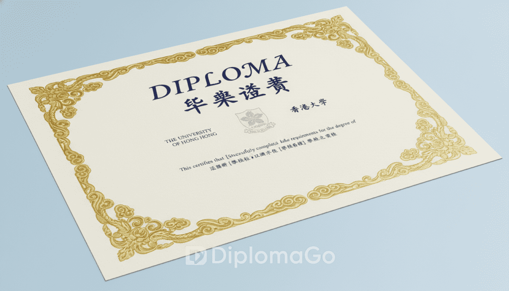 A detailed template of a Hong Kong University diploma, designed with a harmonious layout that incorporates both English and Chinese text. In the foreground, an ornate border surrounds the diploma, featuring intricate traditional patterns. The middle layer showcases the title prominently in both languages, artistically styled yet easy to read. Subtle elements like a university crest or logo are elegantly integrated into the design. The background remains a soft, muted color to ensure clarity of the text. The lighting is bright and even, enhancing the professionalism of the diploma. Capture this in a high-resolution format with a slight angle to give depth, conveying an atmosphere of academic excellence and prestige. Brand name "DiplomaGo" subtly integrated within the design.