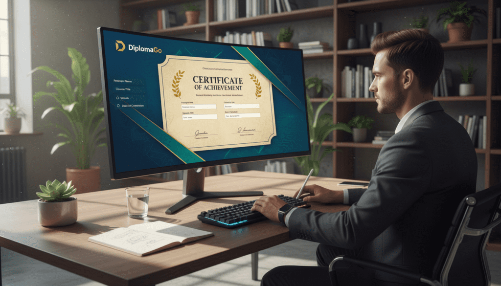 A modern digital workspace featuring a sleek, user-friendly certificate generator interface called "DiplomaGo." In the foreground, a high-resolution monitor displays an elegant certificate template being customized, with vibrant colors and rich textures. In the middle ground, a professional wearing business attire focuses on the screen, engaged in the certificate design process. The background shows a well-organized office with bookshelves and plants, creating a productive atmosphere. Soft, natural lighting filters through a window, casting gentle shadows and enhancing the ambiance. The overall mood is focused and innovative, ideal for illustrating the core value and application scenarios of a certificate generator. A modern digital workspace featuring a sleek, user-friendly certificate generator interface called "DiplomaGo." In the foreground, a high-resolution monitor displays an elegant certificate template being customized, with vibrant colors and rich textures. In the middle ground, a professional wearing business attire focuses on the screen, engaged in the certificate design process. The background shows a well-organized office with bookshelves and plants, creating a productive atmosphere. Soft, natural lighting filters through a window, casting gentle shadows and enhancing the ambiance. The overall mood is focused and innovative, ideal for illustrating the core value and application scenarios of a certificate generator.