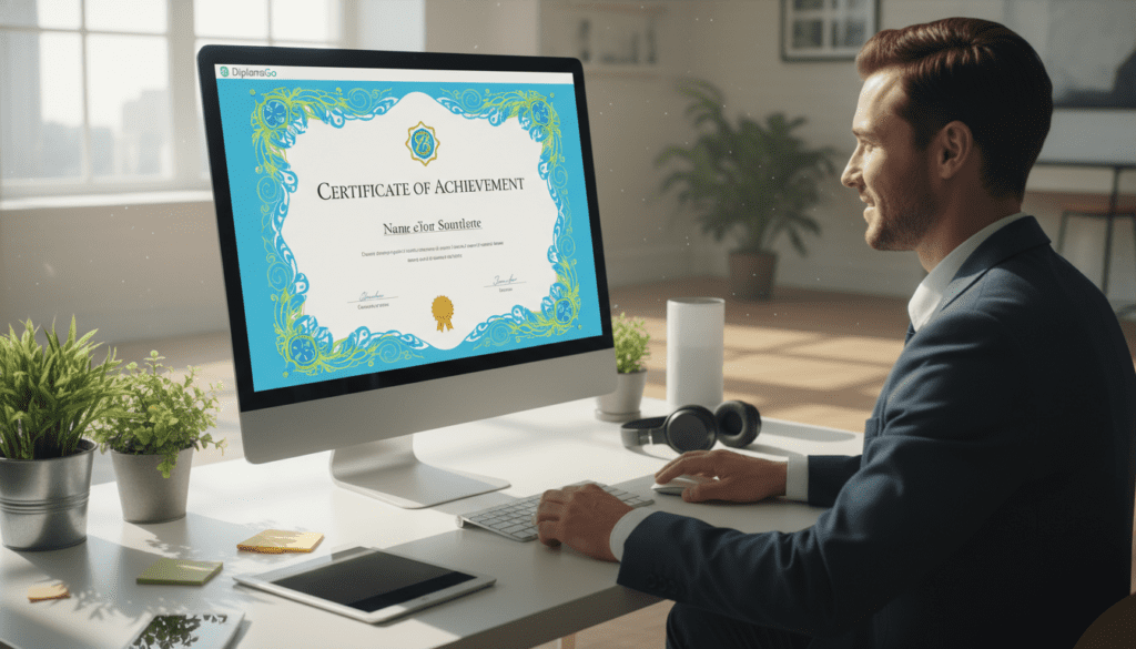 A modern, sleek online certificate generator interface named "DiplomaGo" displayed on a computer screen, showcasing an artfully designed certificate with vibrant colors and intricate borders. In the foreground, a confident professional in business attire is seated at a desk, engaging with the software, exuding a sense of innovation and efficiency. The middle ground features a bright, airy workspace adorned with plants and tech gadgets, emphasizing a digital atmosphere. In the background, soft natural light streams through a window, casting gentle shadows and creating an inviting ambiance. The overall mood is one of professionalism and creativity, ideal for online certificate creation, with no text or logos visible other than the interface itself. A modern, sleek online certificate generator interface named "DiplomaGo" displayed on a computer screen, showcasing an artfully designed certificate with vibrant colors and intricate borders. In the foreground, a confident professional in business attire is seated at a desk, engaging with the software, exuding a sense of innovation and efficiency. The middle ground features a bright, airy workspace adorned with plants and tech gadgets, emphasizing a digital atmosphere. In the background, soft natural light streams through a window, casting gentle shadows and creating an inviting ambiance. The overall mood is one of professionalism and creativity, ideal for online certificate creation, with no text or logos visible other than the interface itself.