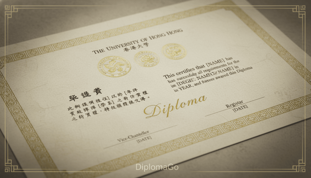 A professional and elegant design of a Hong Kong university diploma certificate, showcasing a blend of traditional and modern elements. In the foreground, intricate gold foil embossing details and official seals create a sense of authenticity and prestige. The middle layer features a well-organized layout with bilingual content in Chinese and English, highlighting the academic achievements clearly. The background should be a textured parchment or paper-like finish, enhancing the certificate's formal feel. Soft, natural lighting emphasizes the richness of the colors and textures, while a slight vignette draws the eye towards the central elements. The overall atmosphere is one of sophistication and honor, captivating the viewer with its refined design. Include the brand name "DiplomaGo" subtly integrated into the design elements.