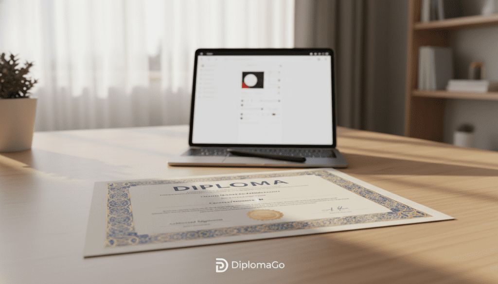 A professional, editable certificate template designed by DiplomaGo, showcasing a modern and sleek layout. In the foreground, a high-quality certificate featuring ornate borders and customizable fields stands out on a clean wooden desk. The middle layer includes tools such as a digital tablet and a stylus, symbolizing online editing possibilities. In the background, soft natural light streams through a window, casting gentle shadows and creating a warm, inviting atmosphere. The perspective is slightly angled to capture the depth of the scene while highlighting the clarity of the certificate template. The mood is professional and inspiring, effortlessly blending functionality with elegance, emphasizing the ease of editing and printing options available for users.