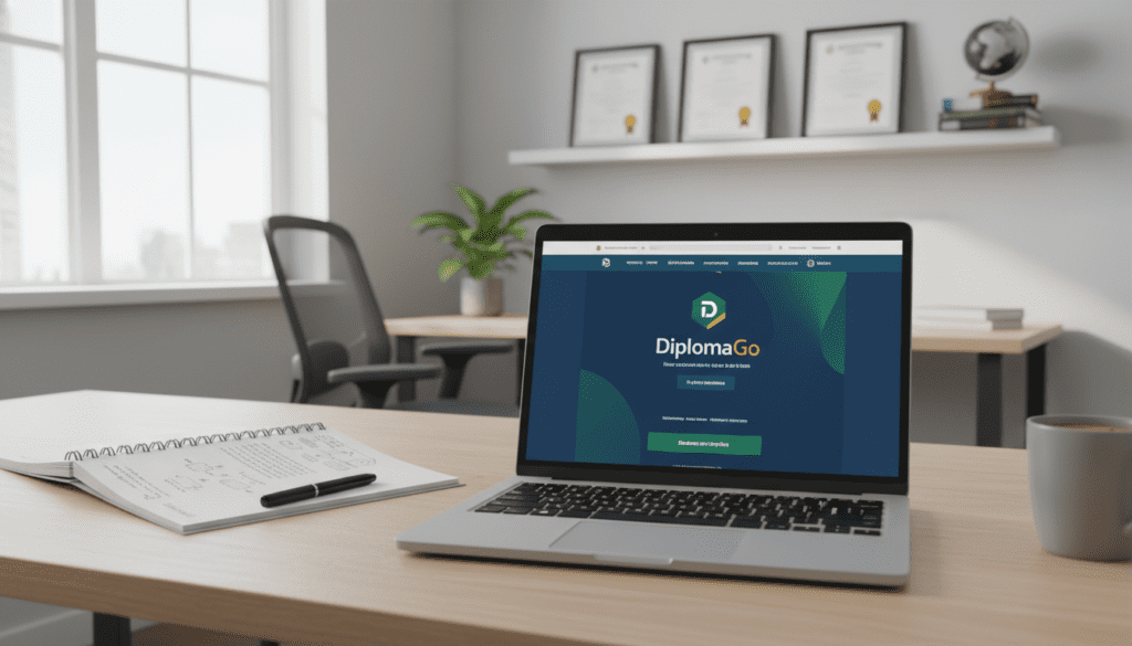 A professional workspace is set up to access the official DiplomaGo platform. In the foreground, a sleek laptop is open, displaying the DiplomaGo website interface, featuring user-friendly navigation and a vibrant color palette that evokes trust and professionalism. Next to the laptop, a notepad filled with neatly organized notes and ideas reflects an efficient preparation process. The middle background includes a modern office setting with soft, natural lighting coming through a nearby window, creating a warm and inviting atmosphere. On a shelf in the background, diploma frames and educational books hint at academic success. The angle is slightly angled down, emphasizing the laptop and workspace while creating a sense of engagement and readiness. The overall mood is focused, organized, and inviting for new users preparing to explore the platform.