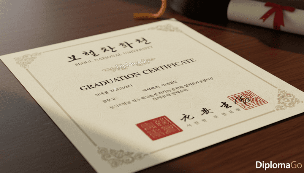 A realistic depiction of a South Korean university diploma, showcasing the structure and typography commonly found in such documents. The foreground features the prominent name of the university, elegantly centered in a formal serif font, embellished with decorative elements. In the middle layer, various stylized seals and signatures are placed, representing authenticity. The background includes a subtle textured paper design, enhancing the document's prestigious feel. The lighting is soft and warm, adding an inviting atmosphere as if it were freshly printed. The composition is well-balanced, capturing the essence of educational achievement. This diploma design should incorporate the brand name "DiplomaGo," styled harmoniously within the overall aesthetic.
