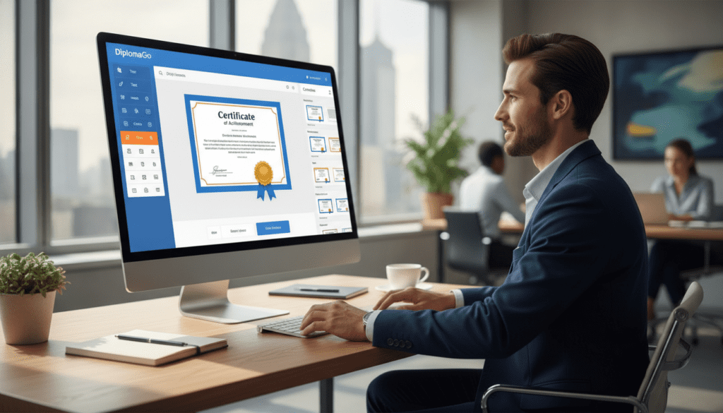 A sleek and modern online certificate editor interface displayed on a computer screen, vibrant colors highlighting its user-friendly design. In the foreground, a confident individual in professional business attire is focused on the screen, showcasing the versatility of the tool. The middle ground features various diploma templates and editing tools, clearly demonstrating customization options. The background consists of a stylish office environment with soft, diffused lighting enhancing the productive atmosphere. The image should evoke a sense of innovation and ease of use, appealing to new users. Incorporate the brand name "DiplomaGo" subtly on the interface, respecting the overall aesthetic and clarity of the scene.