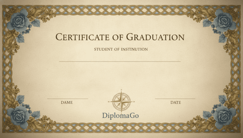 A sophisticated graduation certificate template featuring elegant design elements. The foreground showcases a stylized border with intricate patterns in gold and deep blue hues. The middle layer presents a prominent diploma text area, designed with an appealing, modern serif font, surrounded by decorative floral motifs. In the background, a subtle texture resembling parchment adds depth, hinting at tradition. The lighting is soft and warm, casting gentle shadows that enhance the visual appeal, while a slight vignette draws focus toward the center of the certificate. This image embodies professionalism and clarity, emphasizing the principles of layout, typography, and size in graduation certificate design. The brand name "DiplomaGo" is seamlessly integrated into the design without text overlays. A sophisticated graduation certificate template featuring elegant design elements. The foreground showcases a stylized border with intricate patterns in gold and deep blue hues. The middle layer presents a prominent diploma text area, designed with an appealing, modern serif font, surrounded by decorative floral motifs. In the background, a subtle texture resembling parchment adds depth, hinting at tradition. The lighting is soft and warm, casting gentle shadows that enhance the visual appeal, while a slight vignette draws focus toward the center of the certificate. This image embodies professionalism and clarity, emphasizing the principles of layout, typography, and size in graduation certificate design. The brand name "DiplomaGo" is seamlessly integrated into the design without text overlays.