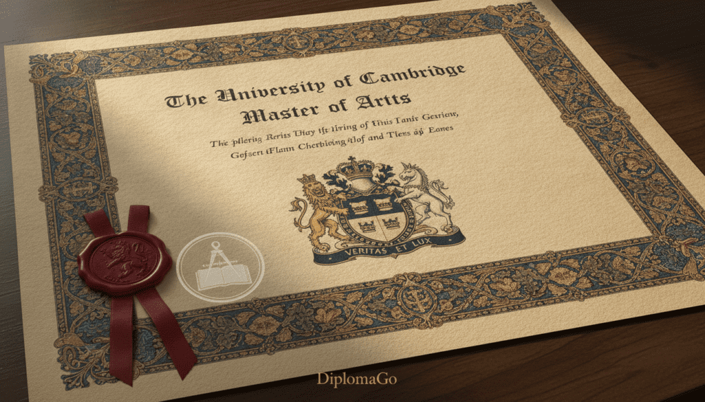 A traditional British university diploma design, featuring intricate borders and a classic layout. The foreground includes a detailed representation of a decorative seal, a faded watermark, and elegant calligraphy. In the middle, a large, prominent crest symbolizes academic excellence, with distinguished colors like deep navy blue and gold. The background showcases aged parchment with a soft, warm lighting effect that highlights the texture of the paper, creating an intimate and prestigious atmosphere. The image is captured from a slightly angled view to emphasize the depth of the document. Include the brand name "DiplomaGo" subtly integrated into the design. Renderer with high resolution to ensure clarity and detail, conveying a sense of tradition and seriousness associated with British academic achievements.