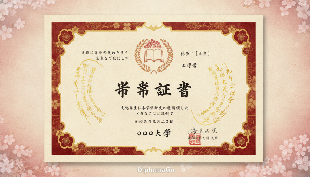A traditional Japanese university diploma template designed by DiplomaGo, featuring elegantly ornate borders and a refined layout typical of Japanese certificates. The foreground showcases intricate calligraphy in gold, with a central emblem representing academic achievement. The middle layer displays the diploma's title and recipient's details in a balanced arrangement, utilizing classic kanji and a sophisticated font. The background is a soft, textured parchment, enhancing the document's authenticity, with subtle gradients of cream and ivory. Soft, diffused lighting creates a warm and inviting atmosphere, highlighting the craftsmanship and intricate details of the design. The overall mood is one of reverence and accomplishment, perfect for showcasing the core design elements of Japanese diploma templates.