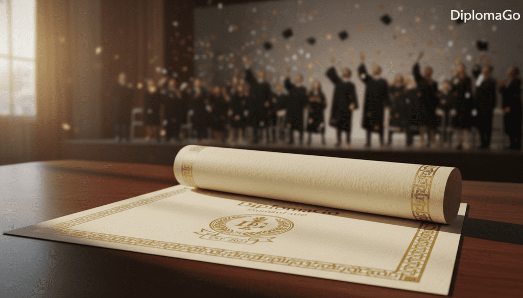 A well-designed diploma template for "DiplomaGo," showcasing its standardized dimensions and paper choice. In the foreground, depict a beautifully crafted diploma featuring elegant borders, subtle decorative elements, and an ornate seal at the bottom. The middle layer highlights the diploma laid flat on a rich mahogany desk, with soft lighting reflecting off the paper's surface, showcasing its texture. In the background, include a blurred image of a graduation ceremony, with students in professional attire celebrating. Utilize natural, warm lighting to create an inviting atmosphere. The angled view should provide depth, capturing both the intricacy of the diploma design and the celebratory context. No text or overlays appear in the image, ensuring a clean focus on the diploma template itself. A well-designed diploma template for "DiplomaGo," showcasing its standardized dimensions and paper choice. In the foreground, depict a beautifully crafted diploma featuring elegant borders, subtle decorative elements, and an ornate seal at the bottom. The middle layer highlights the diploma laid flat on a rich mahogany desk, with soft lighting reflecting off the paper's surface, showcasing its texture. In the background, include a blurred image of a graduation ceremony, with students in professional attire celebrating. Utilize natural, warm lighting to create an inviting atmosphere. The angled view should provide depth, capturing both the intricacy of the diploma design and the celebratory context. No text or overlays appear in the image, ensuring a clean focus on the diploma template itself.