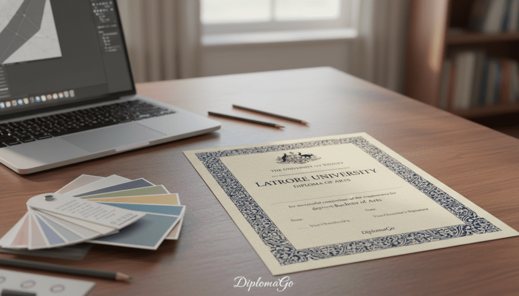 An elegant Australian university diploma template featuring a sophisticated layout with prominent elements like a university crest, decorative borders, and clearly defined sections for name, degree, and date. The diploma should be laid out on a rich wooden desk, partially illuminated by soft, diffused lighting from a nearby window, creating a warm, inviting atmosphere. In the foreground, include a neatly stacked set of design materials such as typography samples, color swatches, and a laptop displaying design software, signifying preparation for effective layout. Subtle shadows add depth, while the background remains softly blurred to keep the focus on the diploma and associated materials. The overall mood is professional and conducive to creativity, branded with "DiplomaGo" in an unobtrusive fashion at the footer of the diploma.