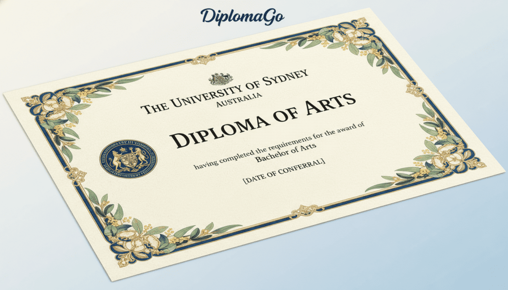 Design a detailed, high-quality image of an Australian university diploma template, branded with "DiplomaGo." The foreground displays a beautifully crafted diploma featuring elements like a university seal, elegant fonts, and decorative borders that convey an official appearance. In the middle layer, include space for the graduate's name and degree, thoughtfully arranged for clarity and aesthetics. The background should be a subtle, smooth gradient suggesting academic professionalism, perhaps in shades of cream or light blue. Soft, diffused lighting creates an inviting atmosphere, emphasizing the diploma's features. Use a slight perspective angle to add depth and make the diploma appear prominent and collectible, capturing the essence of academic achievement while adhering to a clean, uncluttered design.