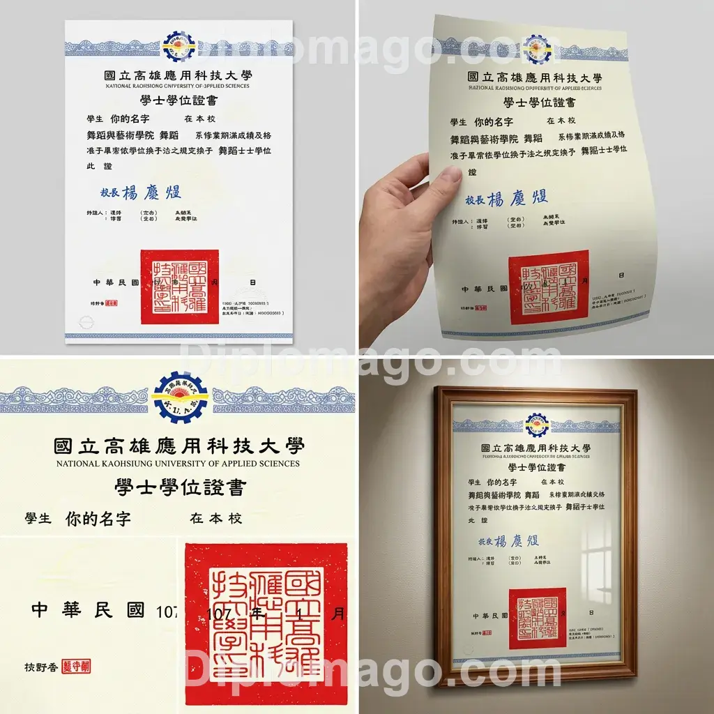 國立高雄應用科技大學毕业证制作实拍照片，真实拍摄成品案例细节展示，历届历年新版老版毕业证样本