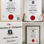 墨尔本大学University of Melbourne Australia学位证书制作实拍照片，真实拍摄成品案例细节展示，历届历年新版老版学位证书样本