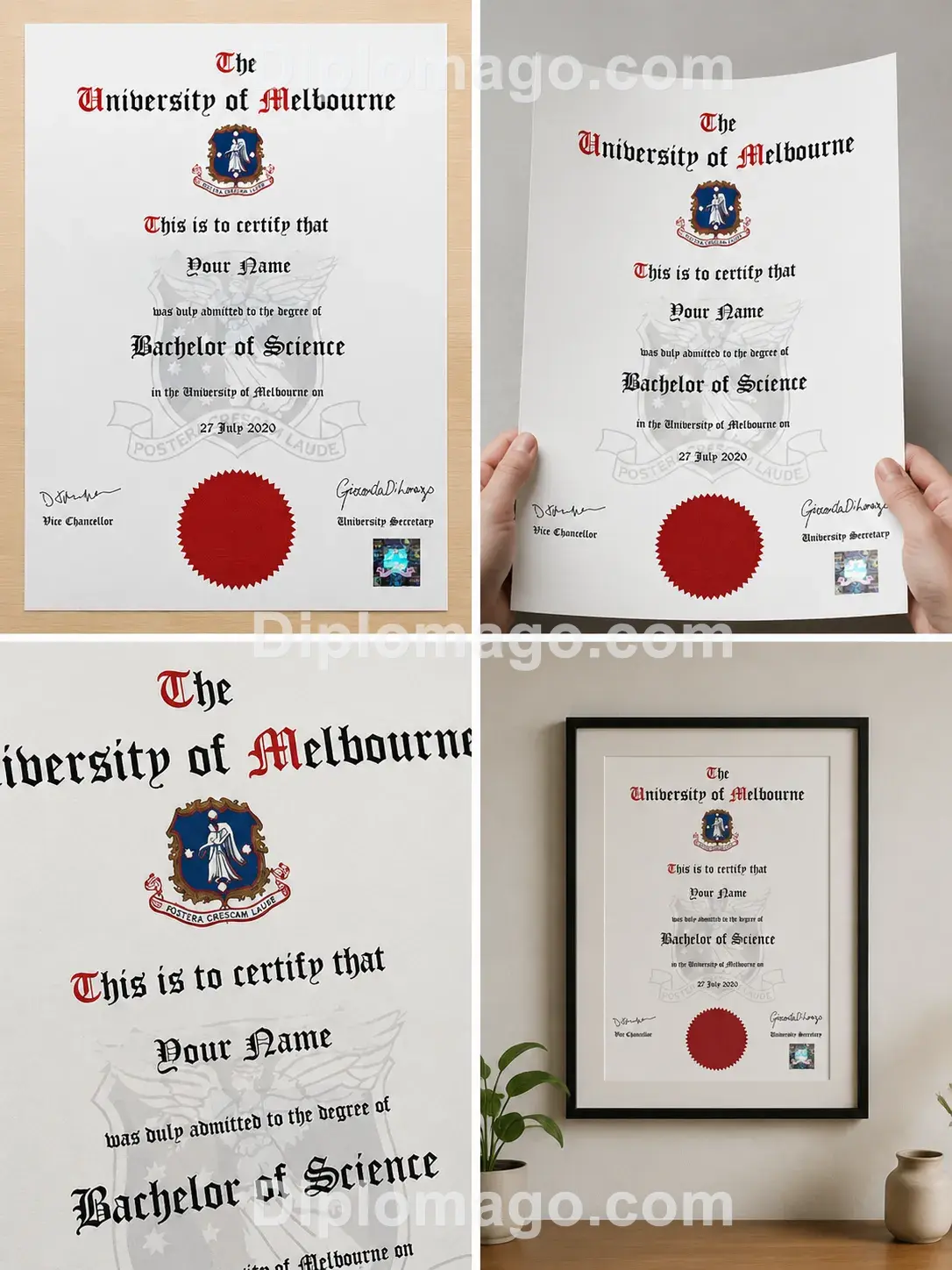 墨尔本大学University of Melbourne Australia学位证书制作实拍照片,真实拍摄成品案例细节展示,历届历年新版老版学位证书样本